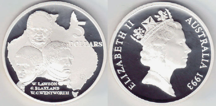 1993 Australia silver $5 (Lawson-Blaxland-Wentworth)